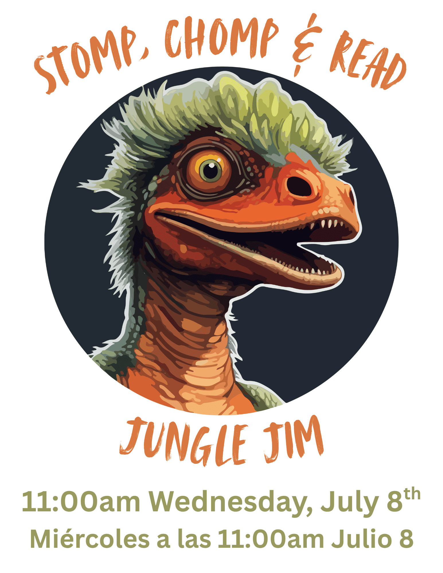 Image of an illustrated orange and green dinosaur in a black circle. Text Reads: Stomp, Chomp & Read