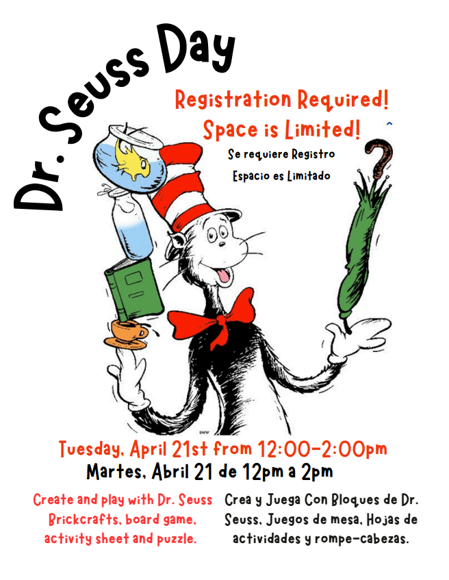 Seuss Day celebration with Dr. Seuss characters, activities, and crafts at Holyoke Public Library ON TUESDAY APRIL 21ST Join us for fun and creative activities inspired by Dr. Seuss books.