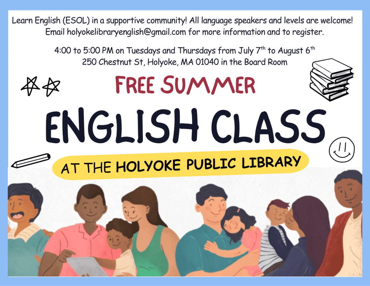 Group of diverse adults and children attending ESL class at Holyoke Public Library, engaging in learning activities.