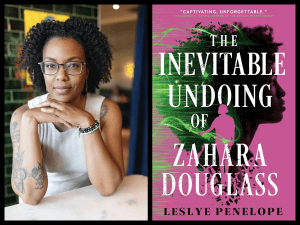 photo of author, leslye penelope, next to the cover of her book, the inevitable undoing of zahara douglass. pink background with silhouette in green