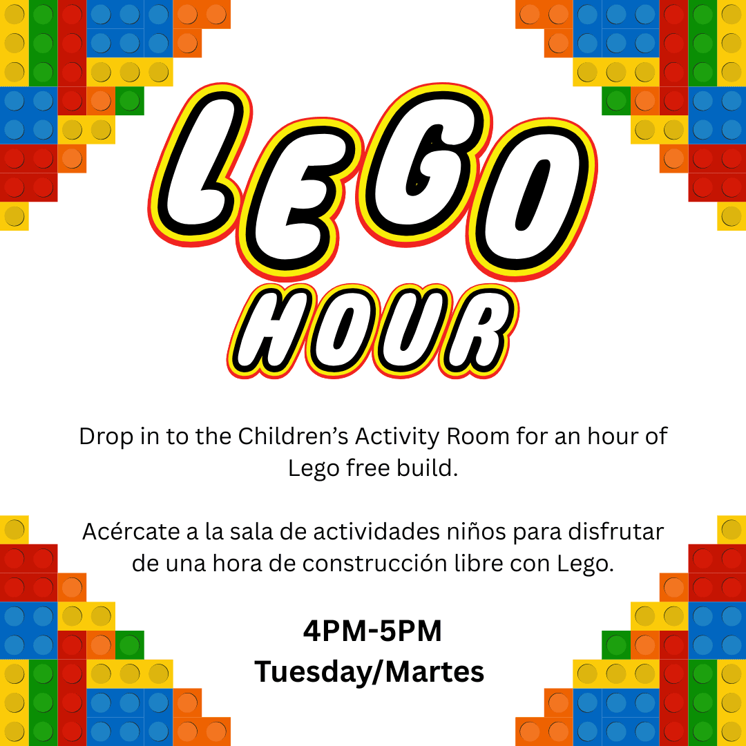 Lego Hour

Drop in to the Children’s Activity Room for an hour of Lego free build.

Acércate a la sala de actividades niños para disfrutar de una hora de construcción libre con Lego.

4PM-5PM
Tuesday/Martes